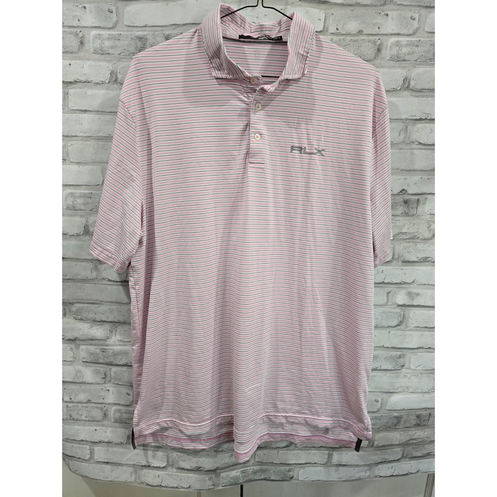Ralph Lauren RLX Pink‎ Gray White Horitzontal Stripe Polo Sz XL Embroidered Logo